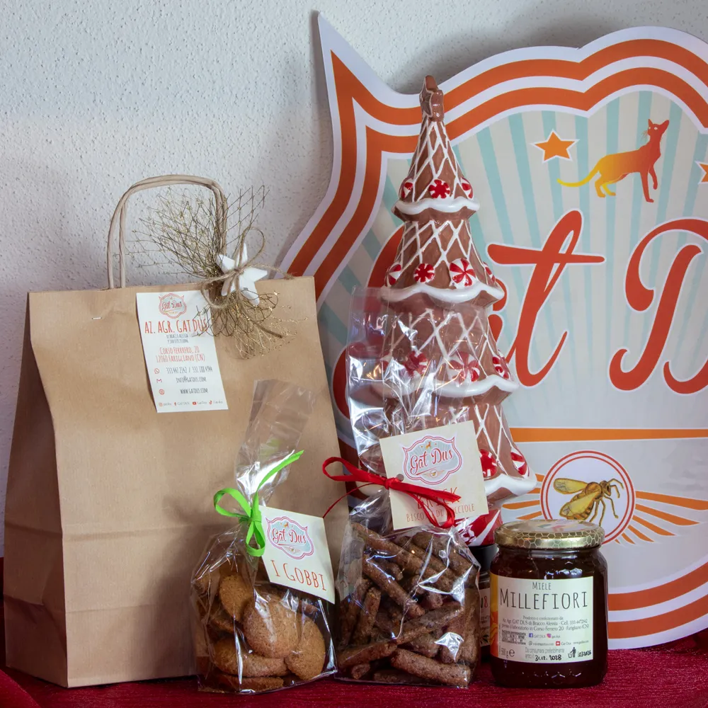 Pacco Assaggio di Langa: biscotti Brick e I Gobbi con miele millefiori