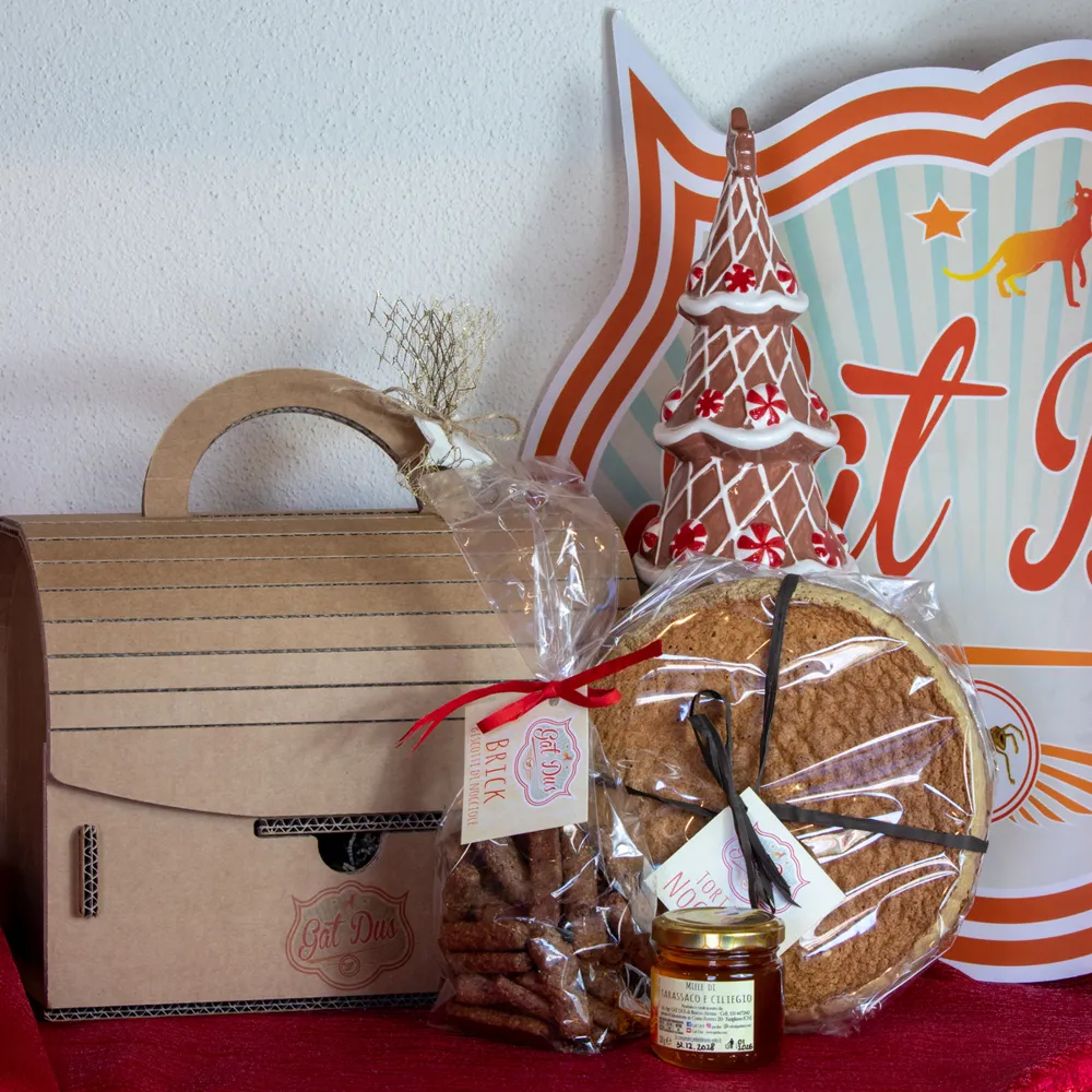Valigetta in cartone Gat Dus con biscotti Brick, torta di nocciole e miele
