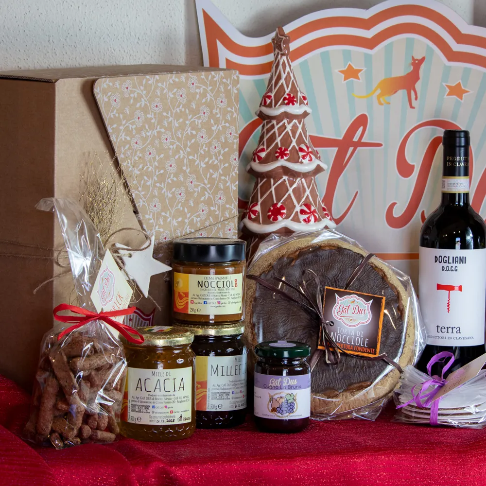 Pacco Gran tour: Dogliani DOCG, torta di nocciole fondente, mieli, Nocciol8, Cugnà, Brick e Copeta