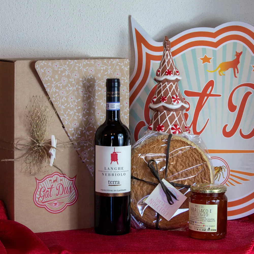 Pacco Scacciapensieri: Nebbiolo Langhe DOC, torta di nocciole e miele